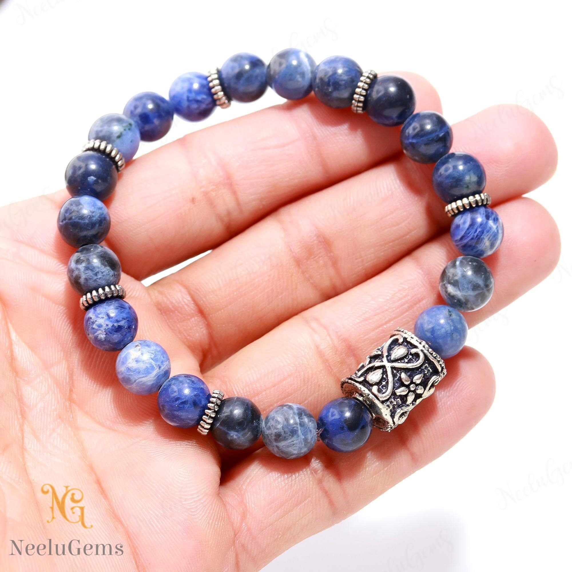 Blue Sodalite Bracelet 8mm, Logic & Communication Stone For Mental Clarity, Navy Blue Denim Gemstone, Unisex Gift, Throat Chakra Beads