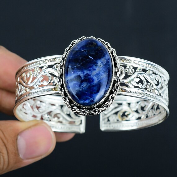 Sodalite Gemstone Bangle: Handmade 925 Sterling Silver Cuff