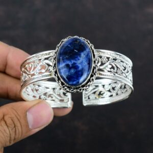 Handmade Sodalite 925 Sterling Silver Cuff Bracelet - Adjustable Gemstone Bangle