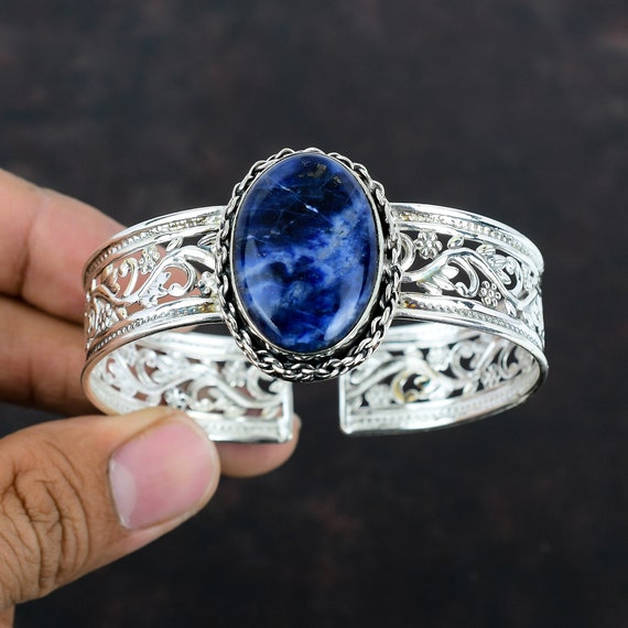 Handmade Sodalite 925 Sterling Silver Cuff Bracelet - Adjustable Gemstone Bangle