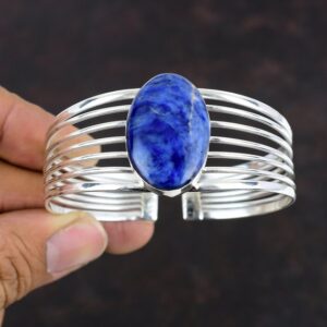 Handmade Sodalite Cuff Bracelet: Adjustable 925 Sterling Silver Bangle