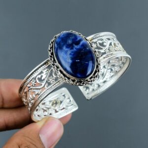 Handmade Sodalite Cuff Bracelet: Adjustable 925 Sterling Silver Bangle
