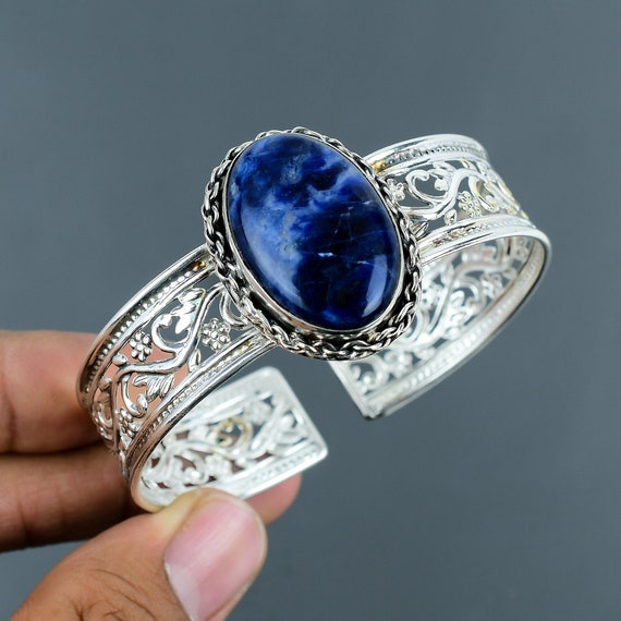 Handmade Sodalite Cuff Bracelet: Adjustable 925 Sterling Silver Bangle Handmade Sodalite Cuff Bracelet: Adjustable 925 Sterling Silver Bangle