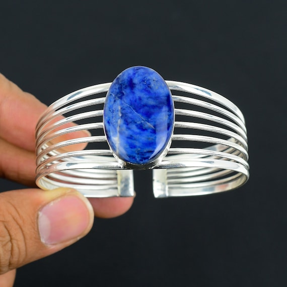 Handmade Sodalite Gemstone Bangle: Adjustable 925 Sterling Silver Cuff