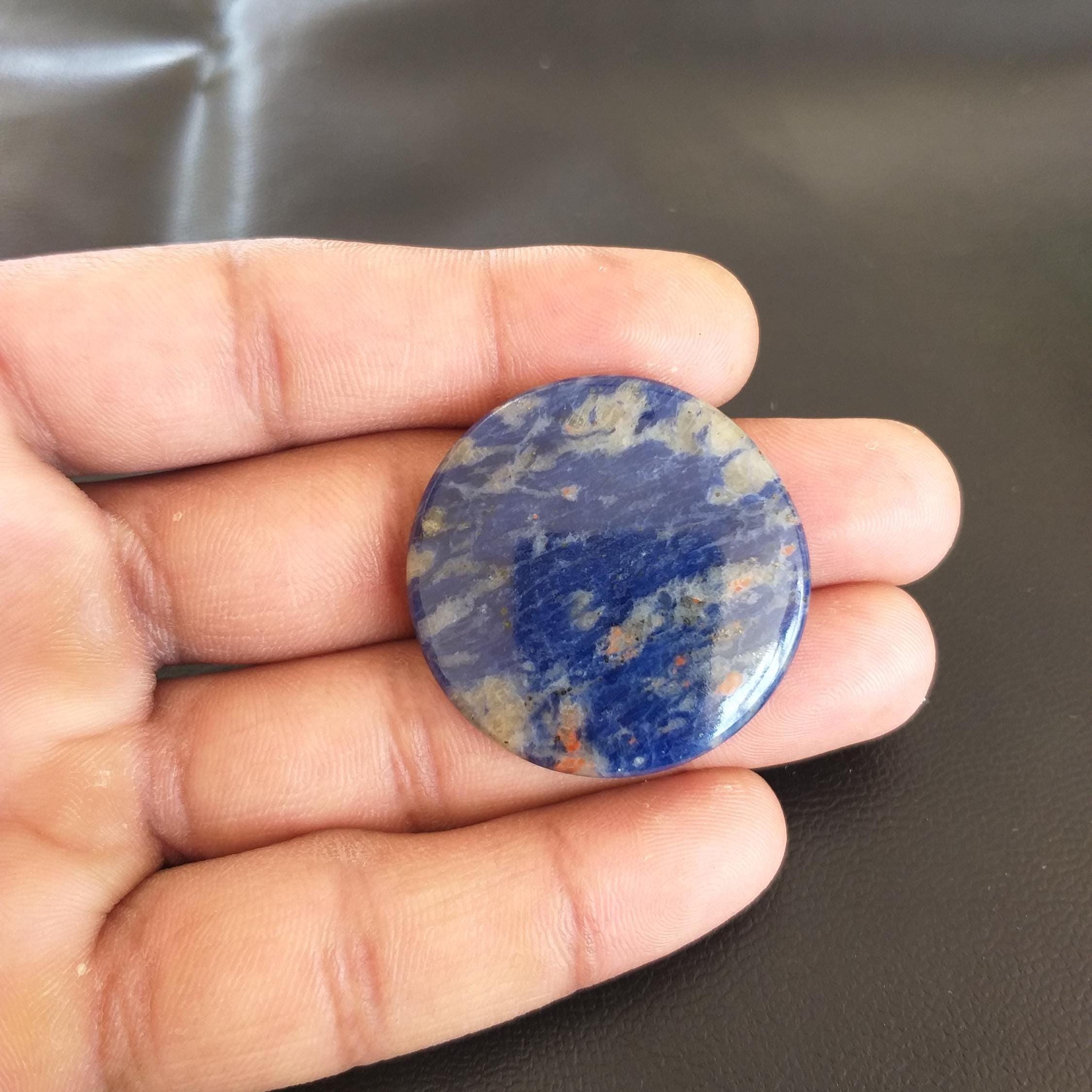 Natural Sodalite Stone Cabochon: Round Gemstone Pendant (35x5 Mm, 55 Carat) Natural Sodalite Stone Cabochon: Round Gemstone Pendant (35x5 Mm, 55 Carat)