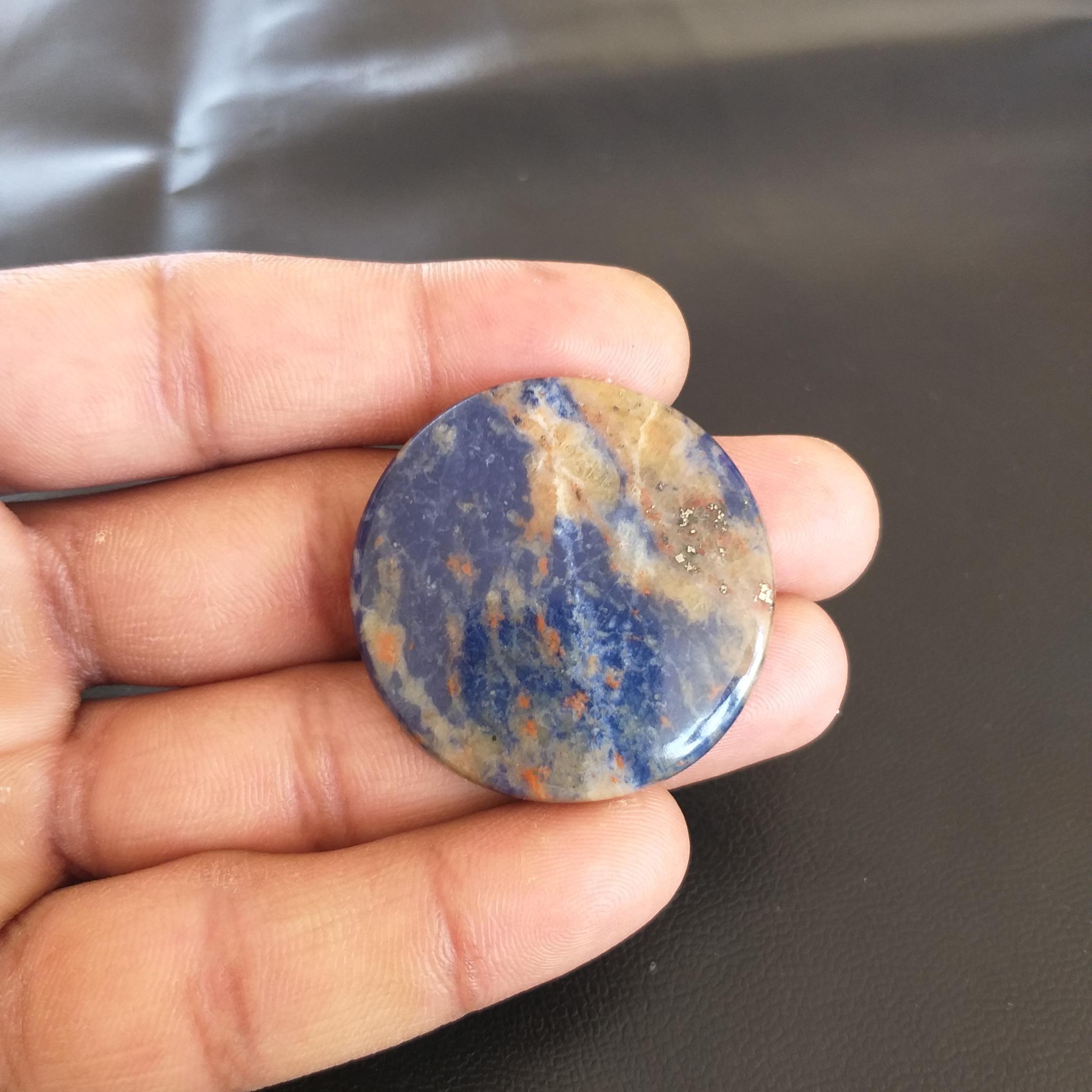 Round Sodalite Cabochon, Natural Gemstone Pendant (37x6 Mm, 70 Carat) Round Sodalite Cabochon, Natural Gemstone Pendant (37x6 Mm, 70 Carat)