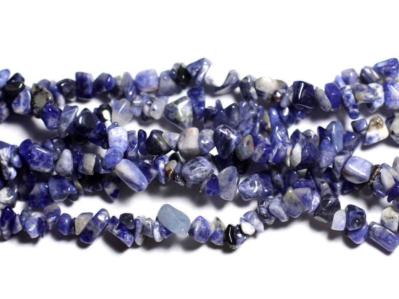 Fil 80cm 330pc Env - Perles Pierre - Sodalite Rocailles Chips 3-8mm Bleu Noir Blanc