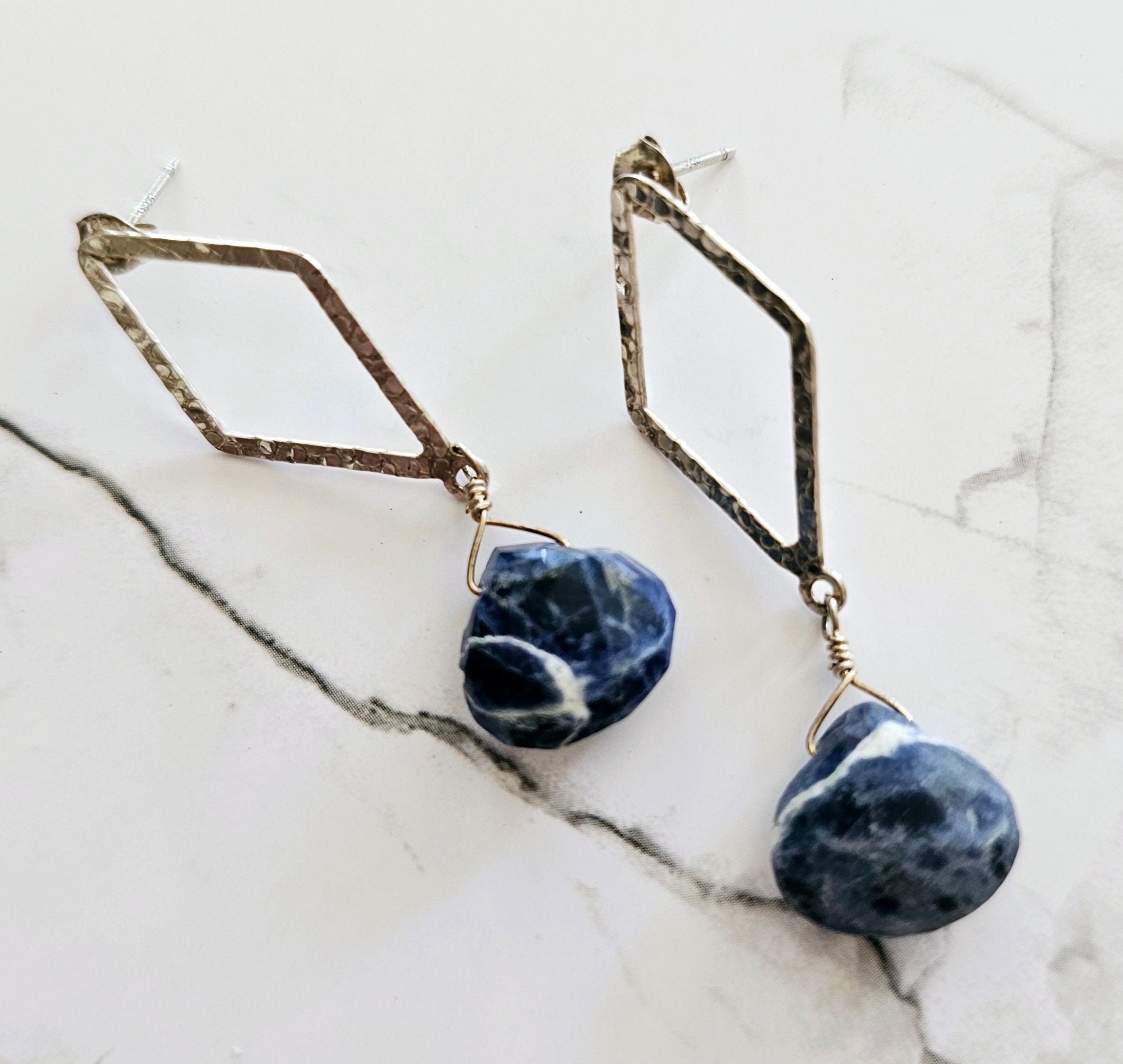 Sodalite Earrings And Hammered Sterling Silver Post Earrings