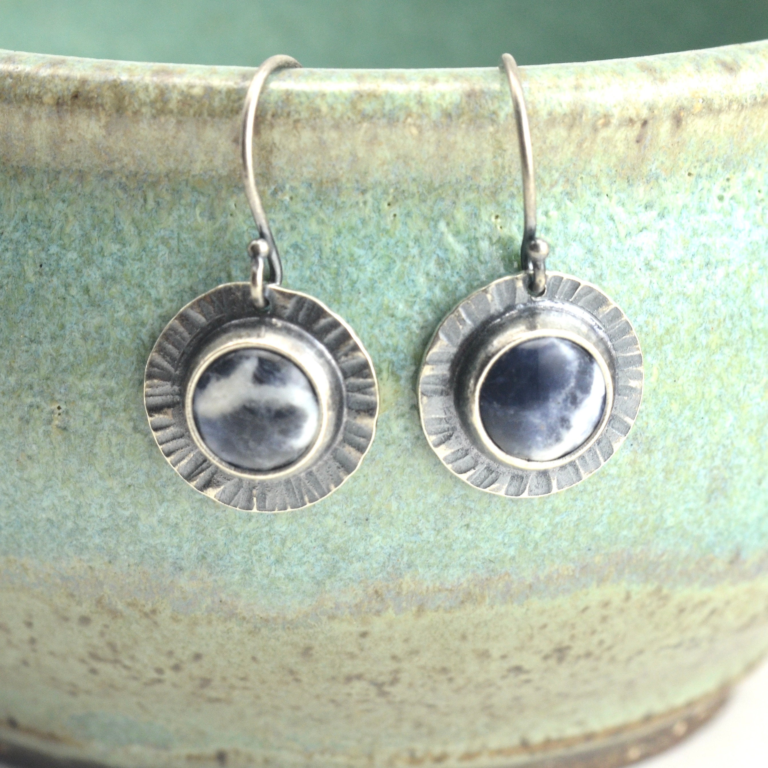 Blue Sodalite Hammered Circle Sterling Silver Earrings Blue Sodalite Hammered Circle Sterling Silver Earrings