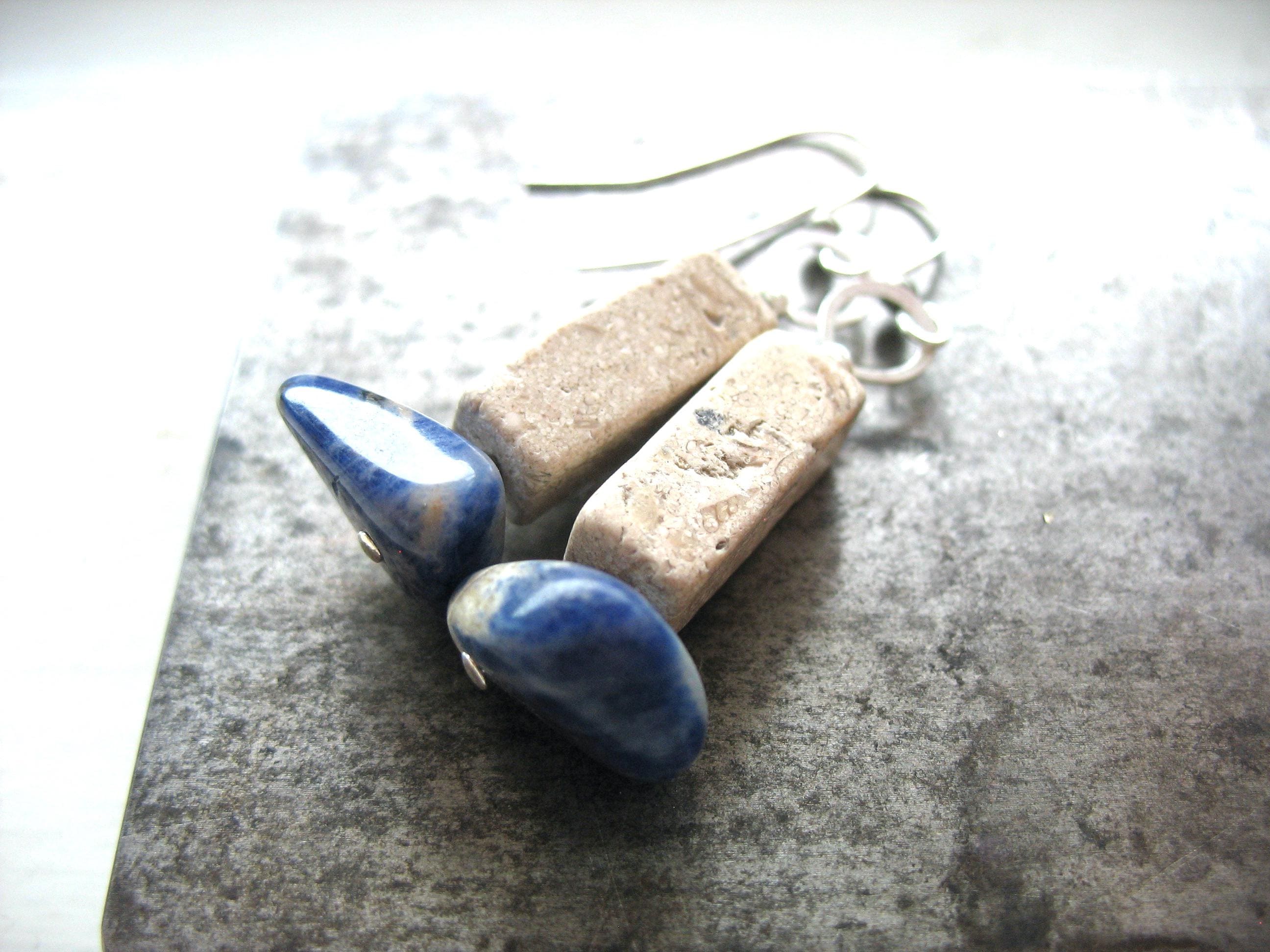 Blue Sodalite Riverstone Gemstone Silver Earrings Jewelry Handmade In Usa
