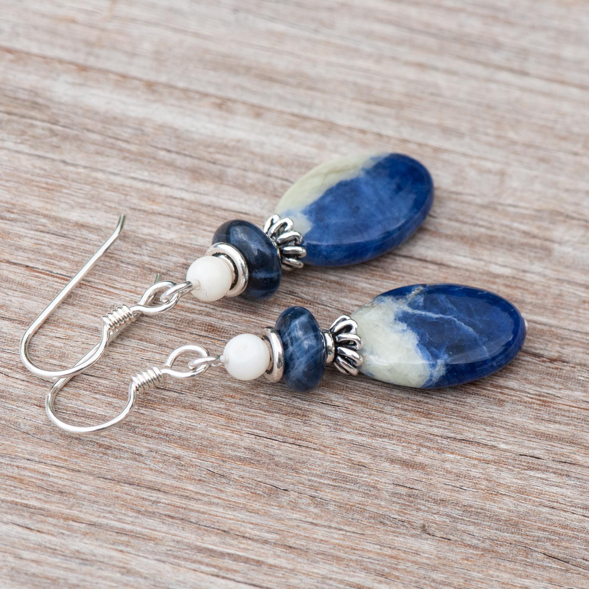 Sodalite Earrings, Casual, White And Denim Blue Natural Stone Dangles, 925 Sterling Silver French Ear Wires