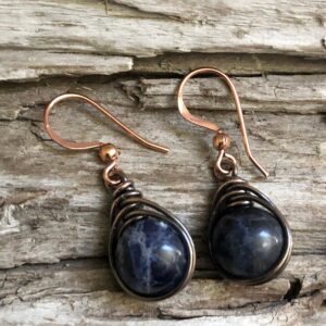 Sodalite Copper Dangle Earrings: Wire Wrapped Blue Stone