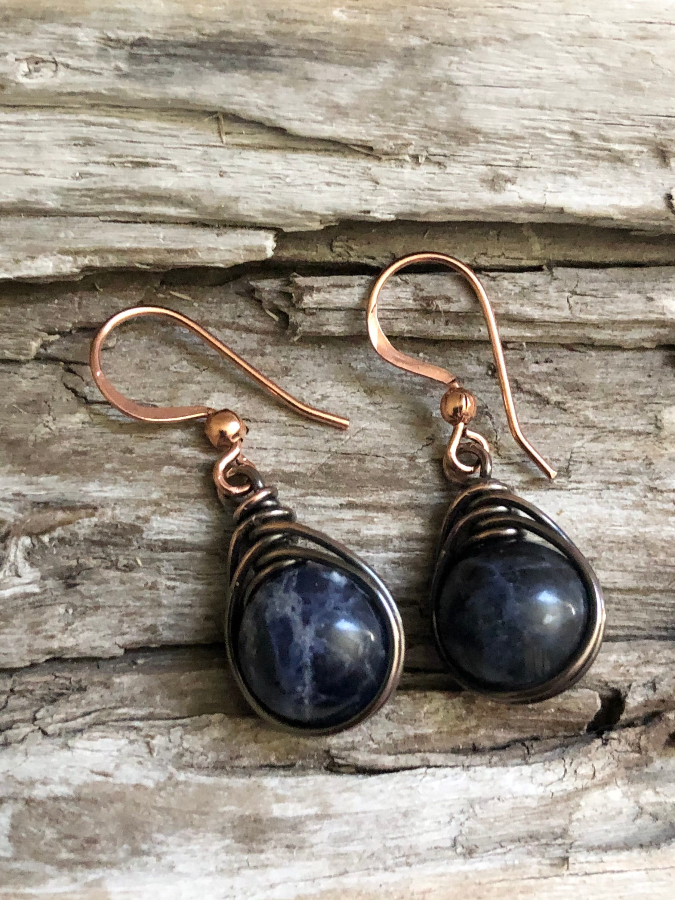 Sodalite Copper Dangle Earrings: Wire Wrapped Blue Stone