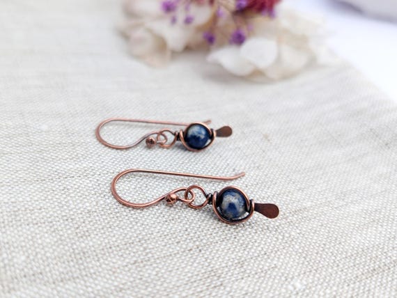 Sodalite Copper Wire Wrapped Earrings, Gift For Her, Dangle Earrings, Oxidized Copper Earrings Sodalite Copper Wire Wrapped Earrings, Gift For Her, Dangle Earrings, Oxidized Copper Earrings