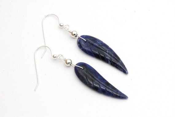 Sodalite Feather Earrings: Sterling Silver Boho Jewelry