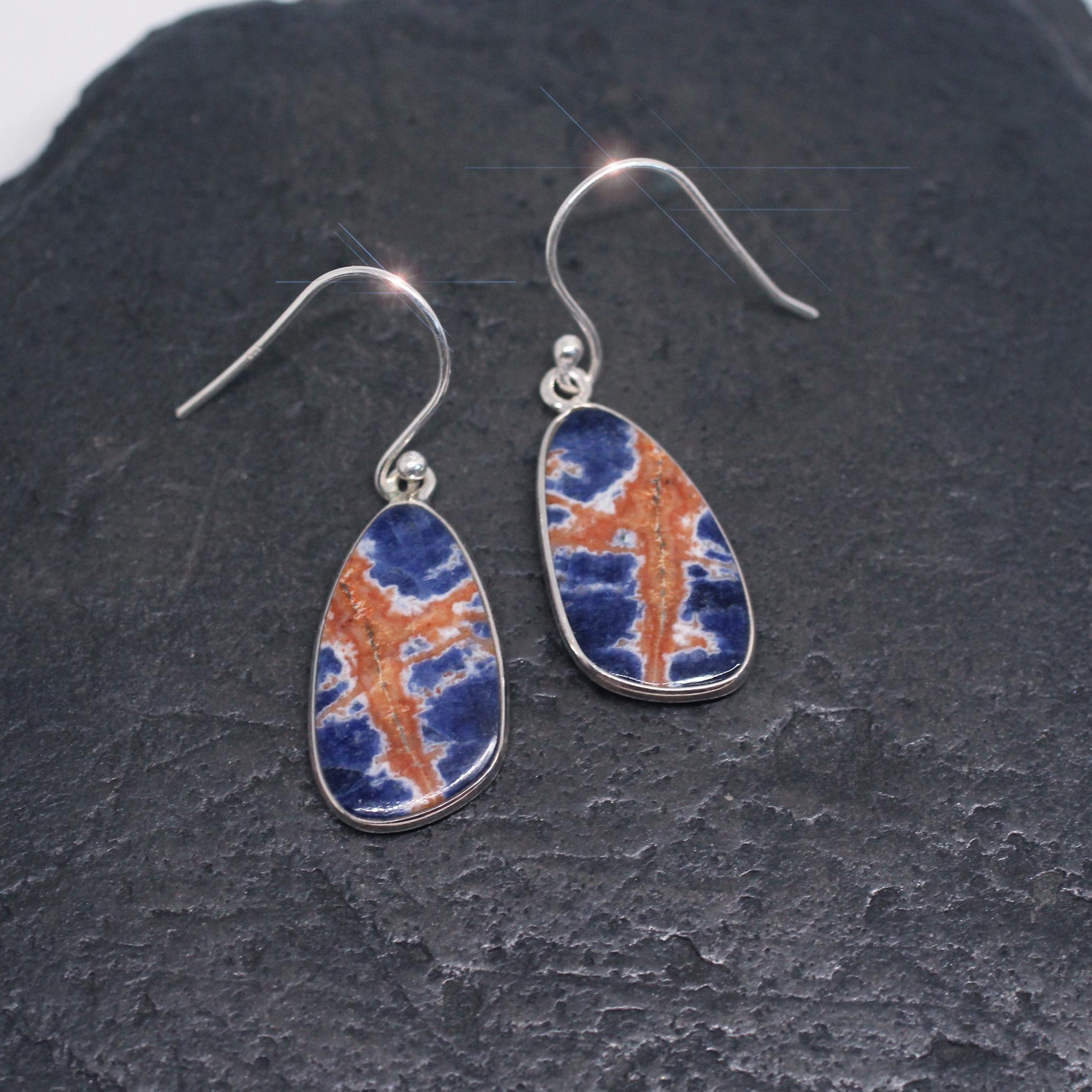 Forever In Blue Jeans - Beautiful Blue And Orange Sodalite Drop Sterling Silver Earrings