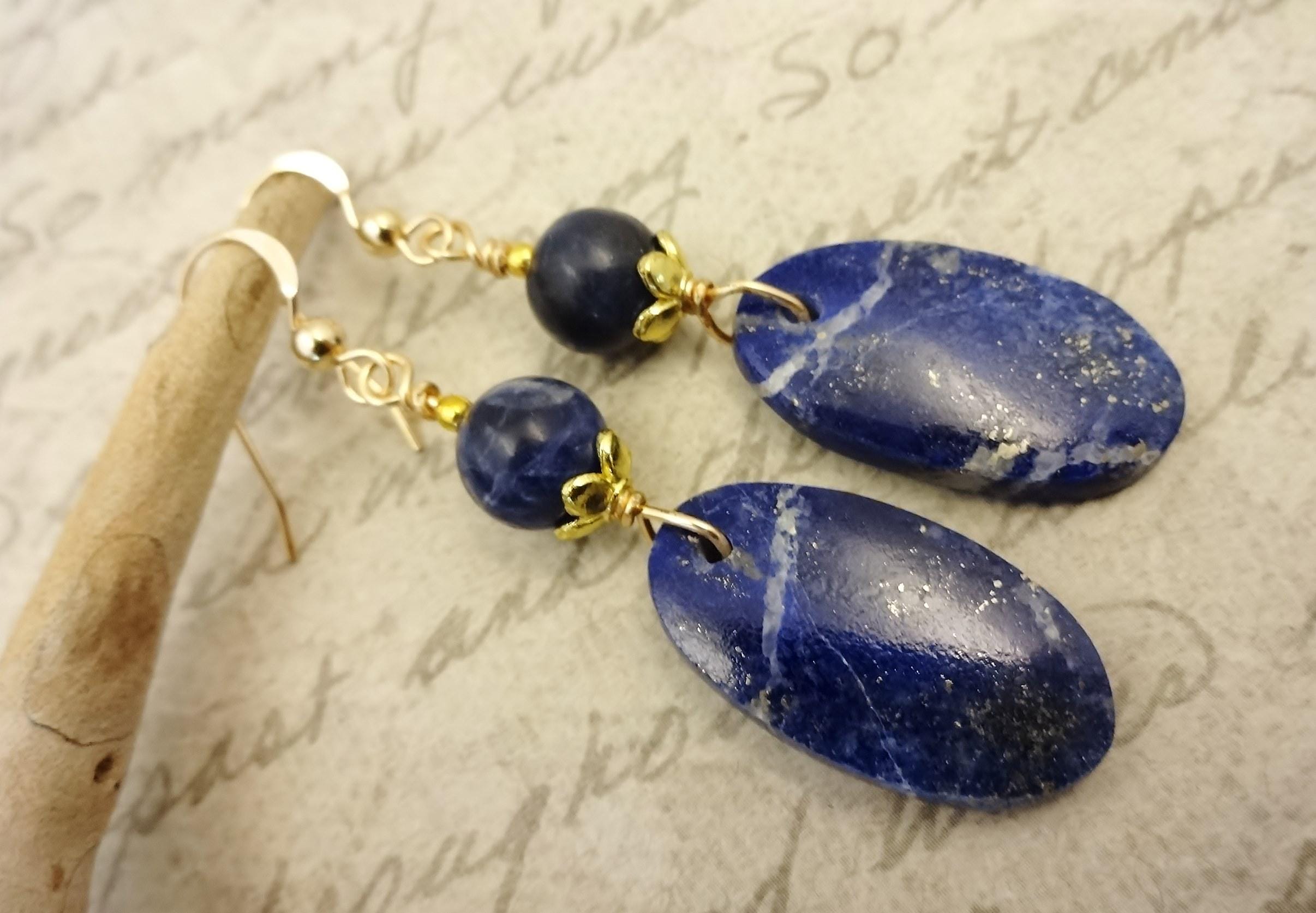 Sodalite Gemstone Earrings: Long Dark Blue Artisan Earrings