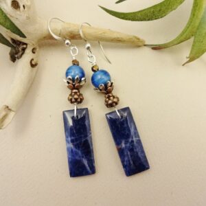 Sodalite Gemstone Earrings: Long Lampwork Artisan Earrings Sodalite Gemstone Earrings: Long Lampwork Artisan Earrings