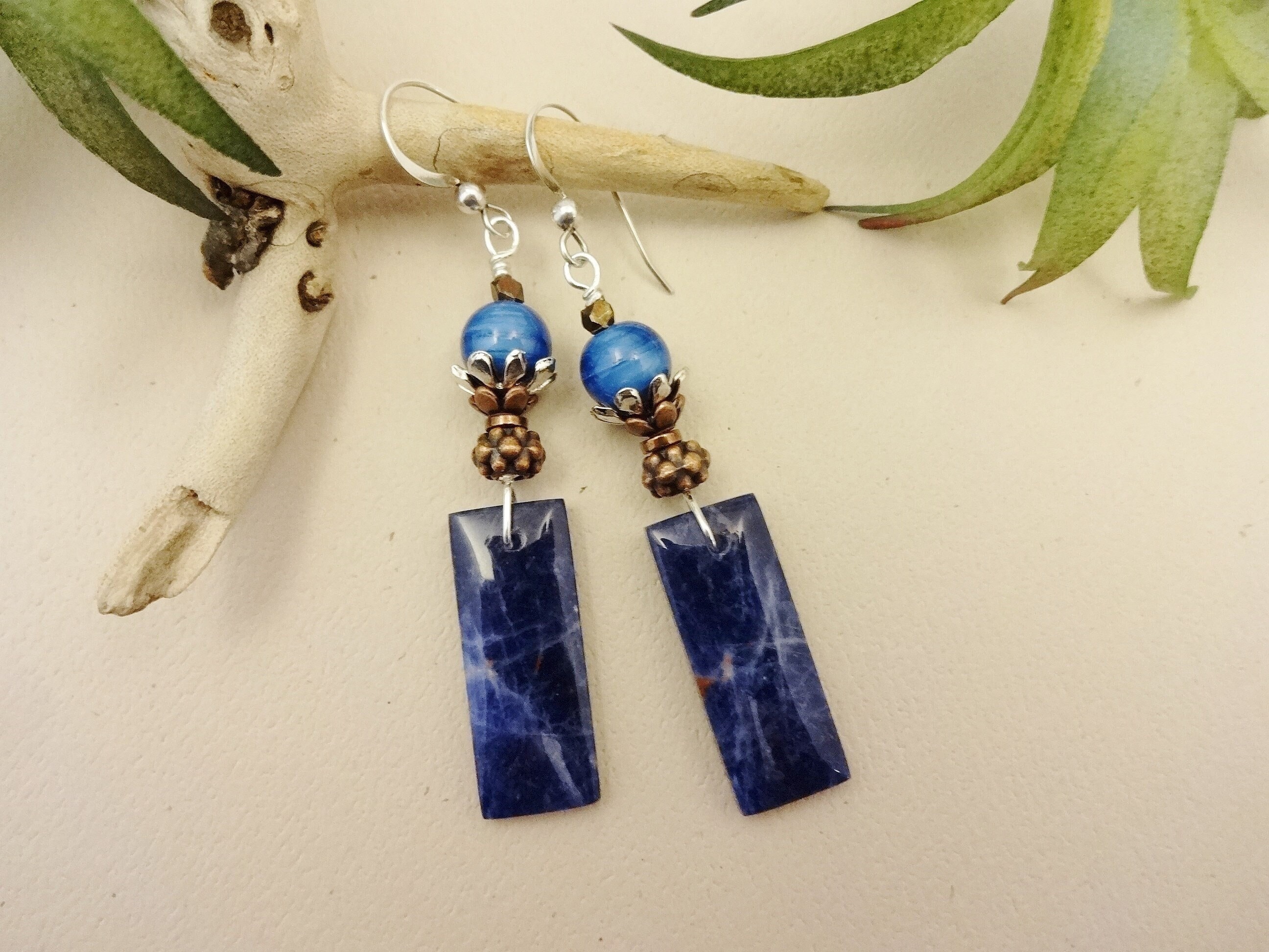 Sodalite Gemstone Earrings: Long Lampwork Artisan Earrings Sodalite Gemstone Earrings: Long Lampwork Artisan Earrings
