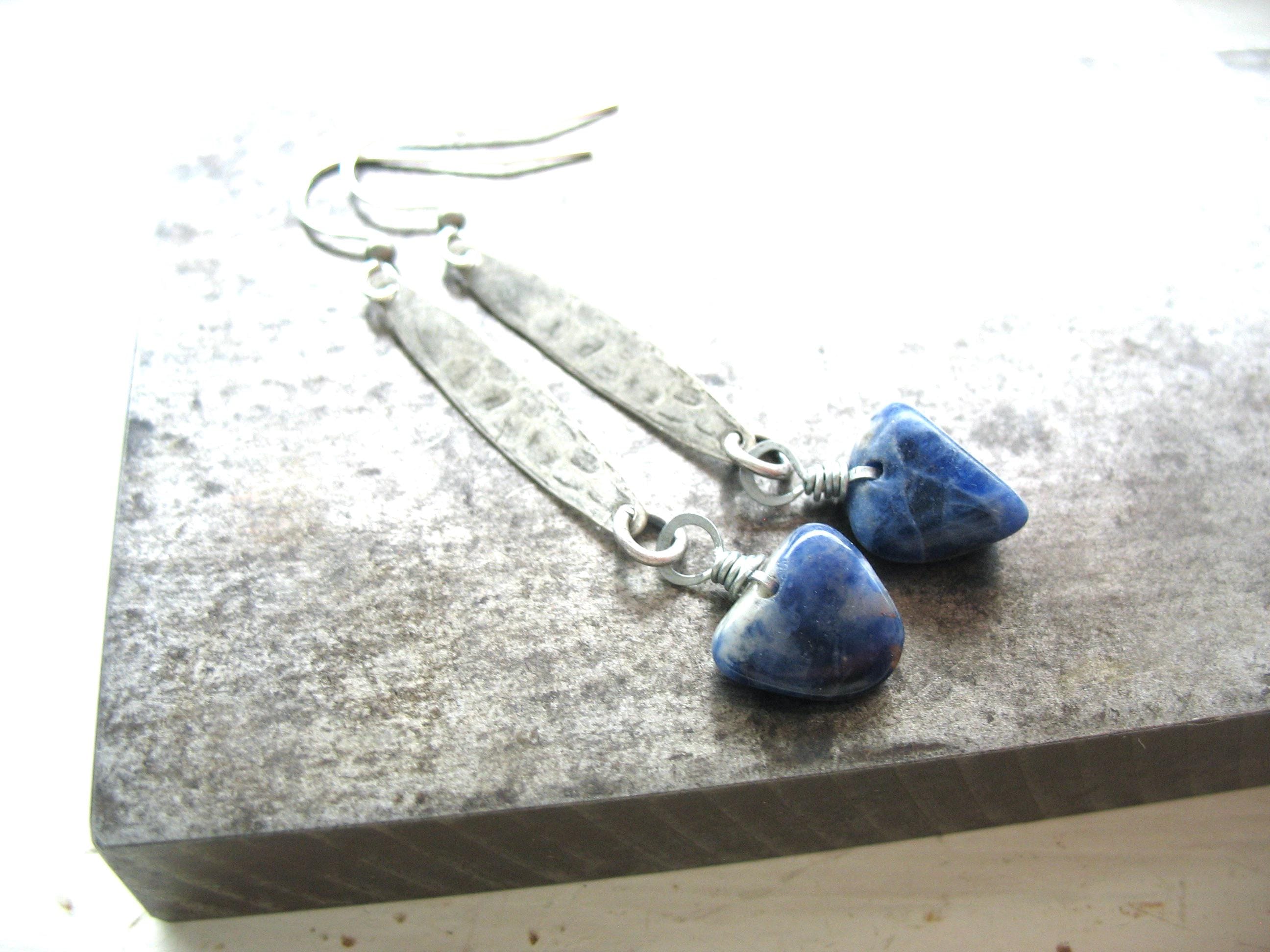 Sodalite Gemstone Oxidized Silver Metalwork Earrings Jewelry Handmade In Usa