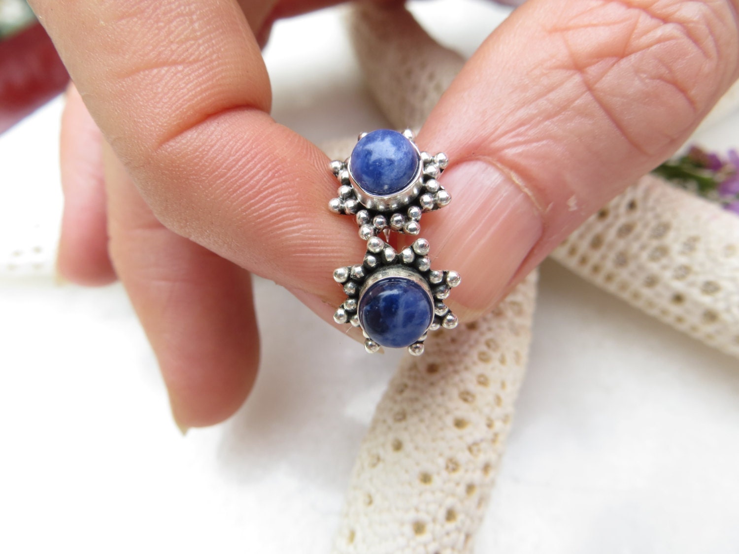 Sodalite Gemstone Stud Earrings, Antiqued Sterling Silver Flower Posts Sodalite Gemstone Stud Earrings, Antiqued Sterling Silver Flower Posts