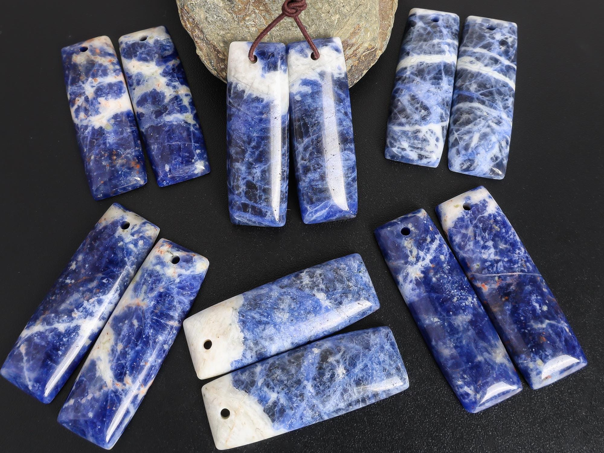 Grade Aaa Blue White Rectangle Sodalite Earring Pair Matched Natural One Of A Kind Gemstone