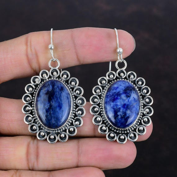 Handmade Sodalite Earrings: 925 Sterling Silver, Designer Gemstone Jewelry