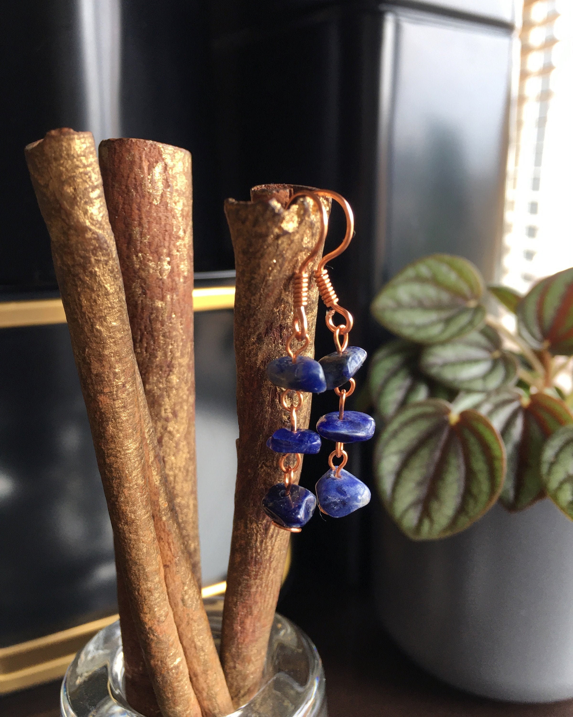 Handmade Sodalite Earrings, Copper Dangle Drop, Gift Box