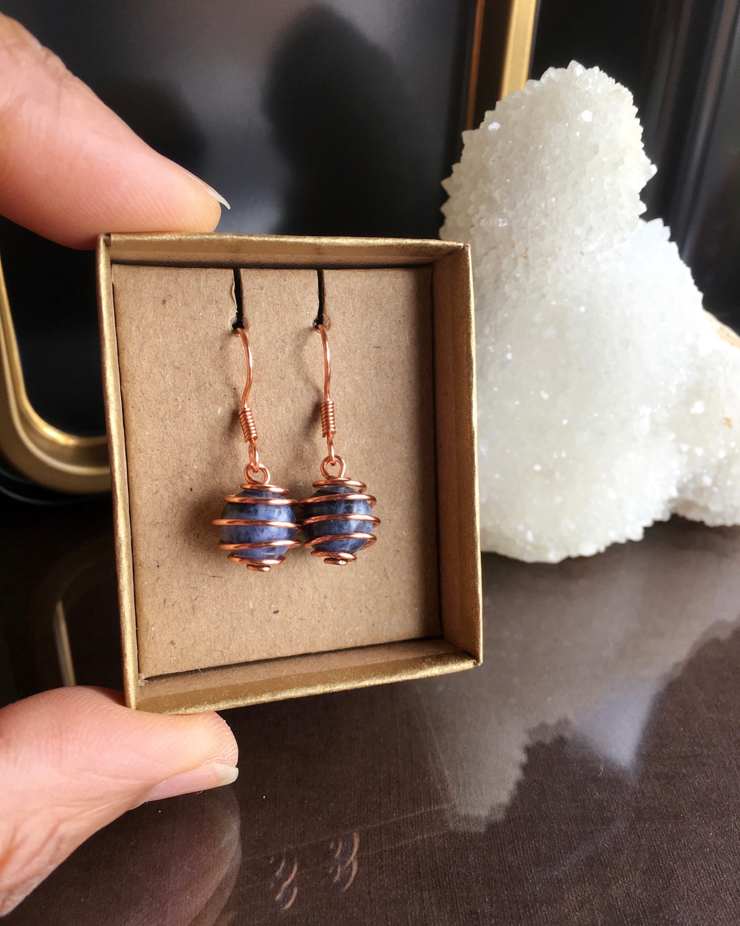 Handmade Sodalite Copper Earrings, Gift Boxed