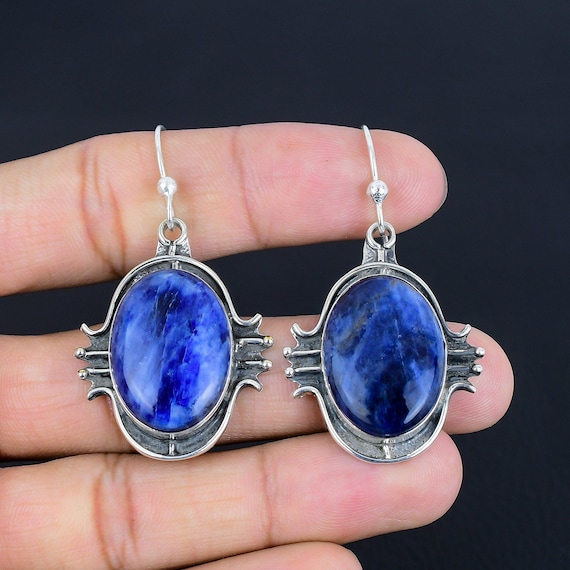 Handmade Sodalite Dangle Earrings: 925 Sterling Silver Gemstone Jewelry