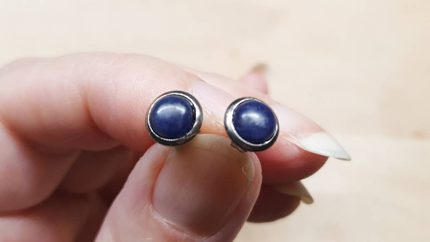 Hypoallergenic Small Blue Sodalite Stud Earrings. Stainless Steel 6mm Round Post Earrings. Crystal Reiki Jewelry Uk. Mineral Jewelry