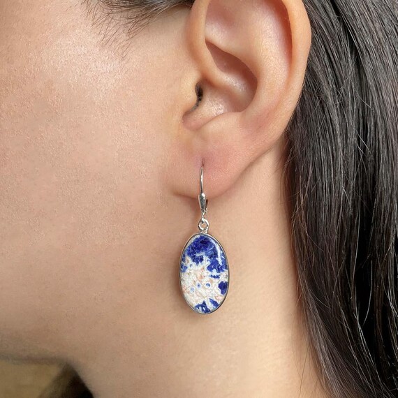 Sodalite Leverback Earring / 925 Sterling Silver / Healing Gemstone / Gift For Her / Oval Cab / Sodalite Jewel / Statement Earring Sdl-e-18.