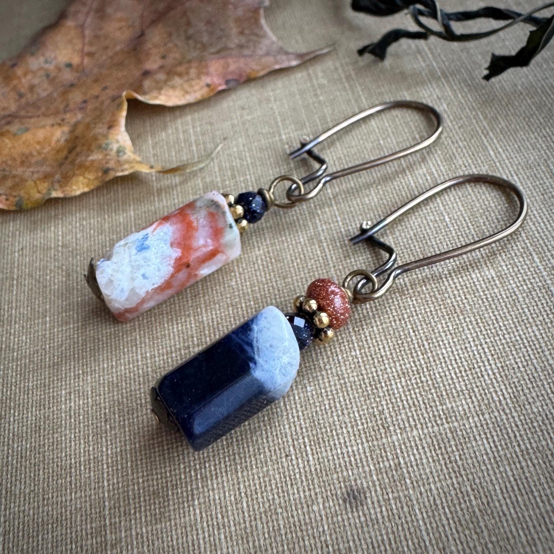 Sodalite Earrings, Mismatched Orange And Blue Stone Earrings Sodalite Earrings, Mismatched Orange And Blue Stone Earrings