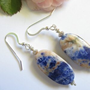 Orange Sodalite Sterling Silver Earrings, Princess Blue Gemstone