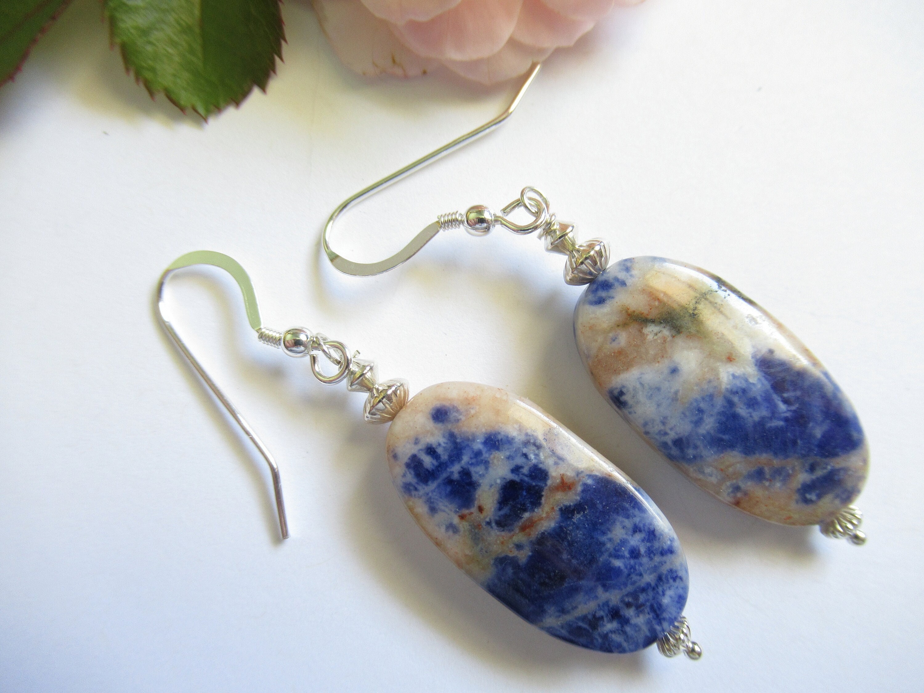 Orange Sodalite Sterling Silver Earrings, Princess Blue Gemstone Orange Sodalite Sterling Silver Earrings, Princess Blue Gemstone