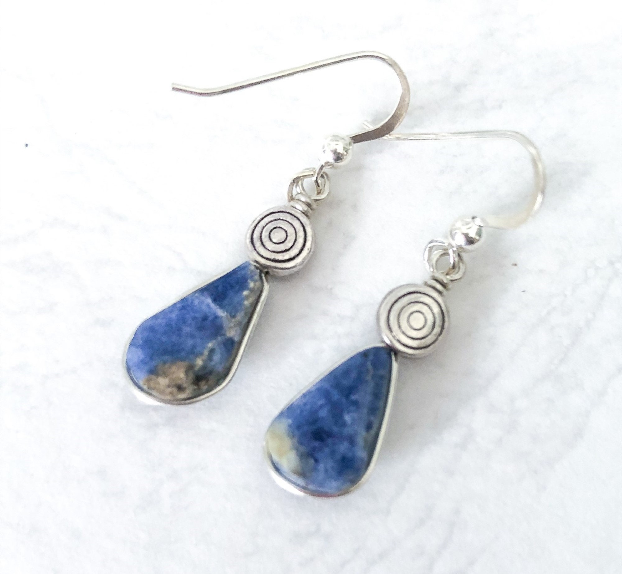 Sterling Silver & Sodalite Drop Earrings, Blue Sodalite Earrings, Blue Gemstone Earrings, Long Blue Sodalite Earrings, Silver Spiral