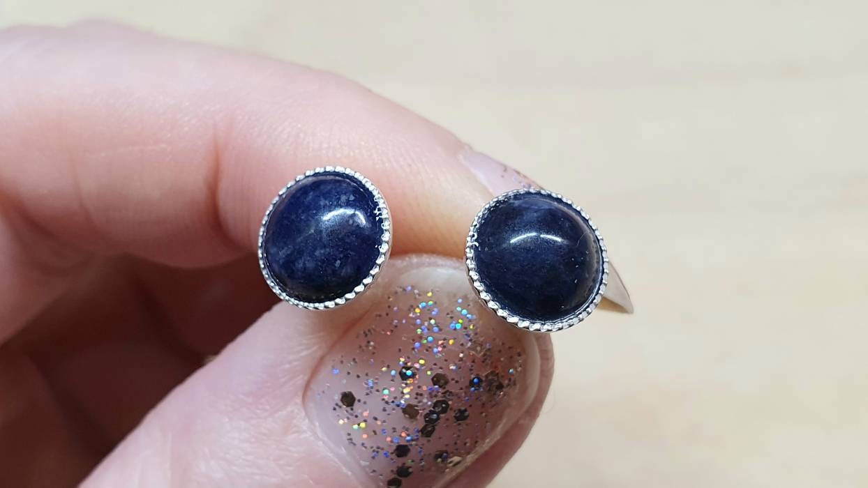Sodalite Stud Earrings. 925 Sterling Silver 8mm Round Post Earrings. Reiki Jewelry Uk. Blue Semi Precious Stone