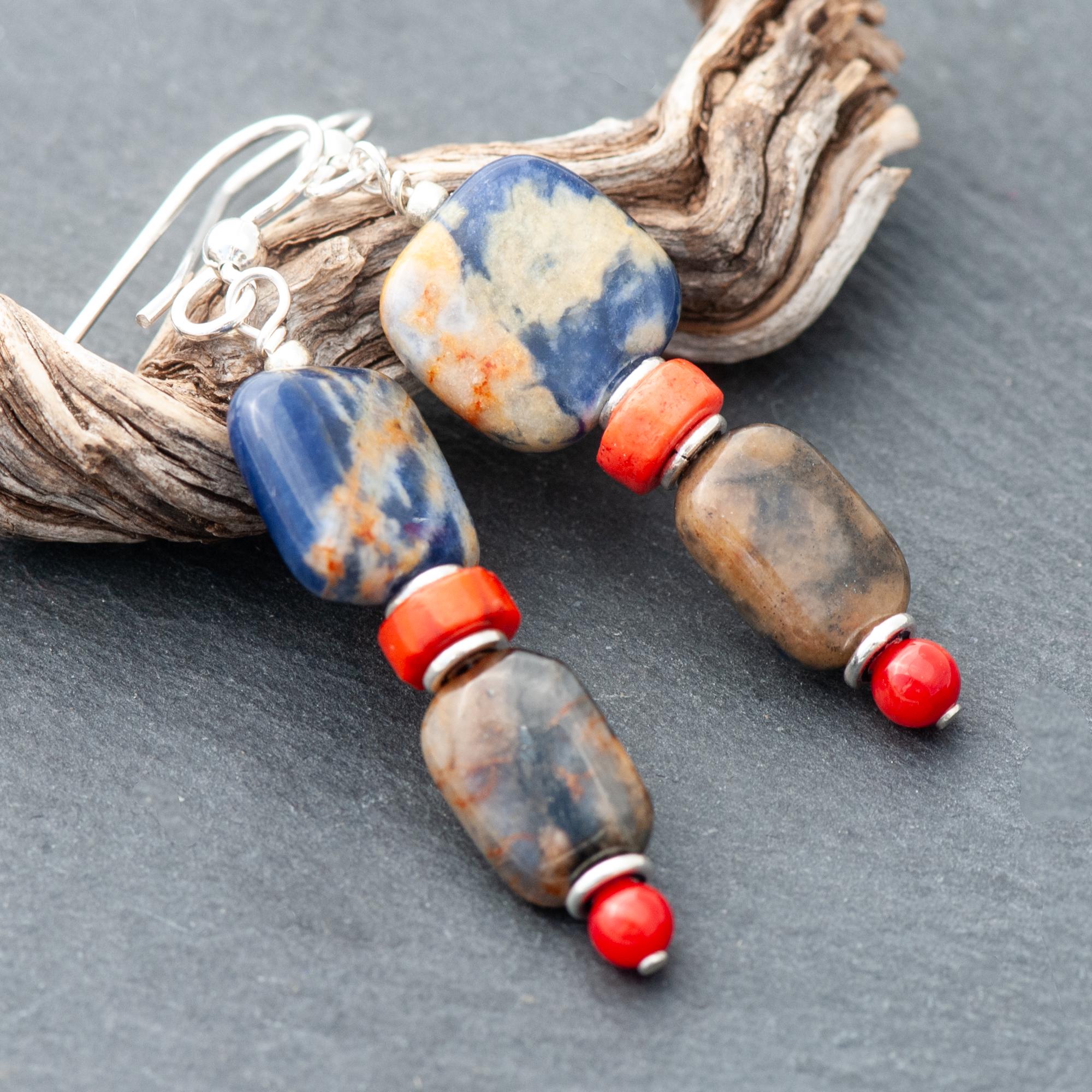 Sunset Sodalite And Bamboo Coral Earrings, Blue And Orange Natural Stone Dangles, 925 Sterling Silver French Ear Wires
