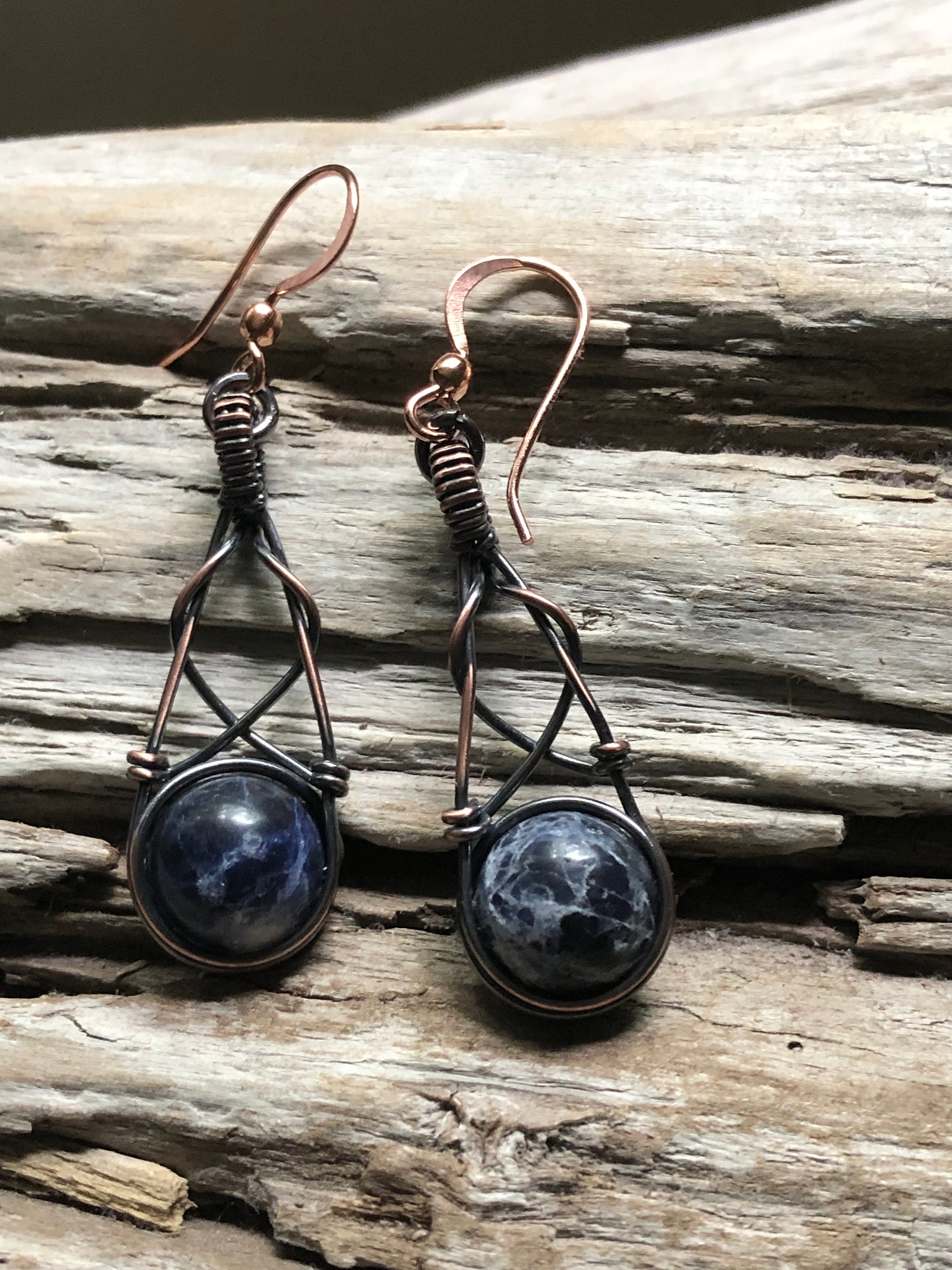 Wire Wrapped Sodalite Earrings: Copper Drop Earrings Wire Wrapped Sodalite Earrings: Copper Drop Earrings