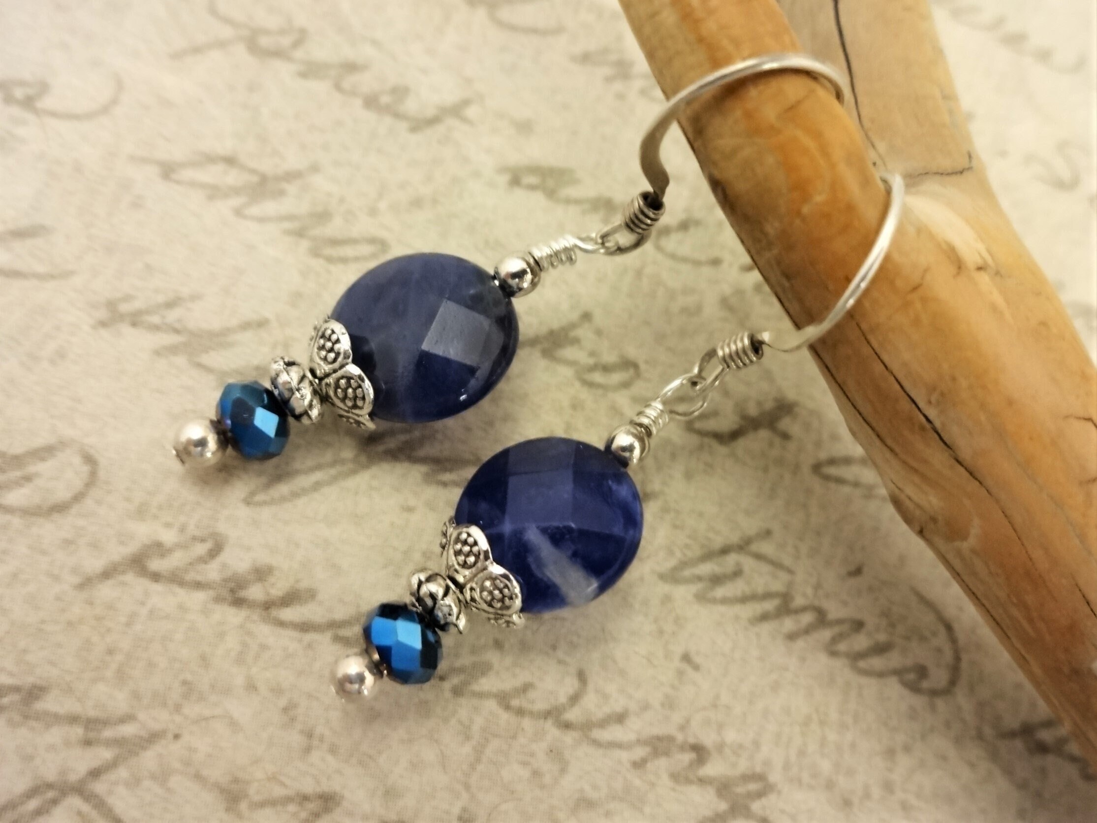 Sodalite & Crystal Earrings: Sterling Silver French Hook, 1.5" Sodalite & Crystal Earrings: Sterling Silver French Hook, 1.5"