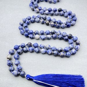 Sodalite Necklace: 108 Mala Beads, Silk Tassel, Hand Knotted Sodalite Necklace: 108 Mala Beads, Silk Tassel, Hand Knotted