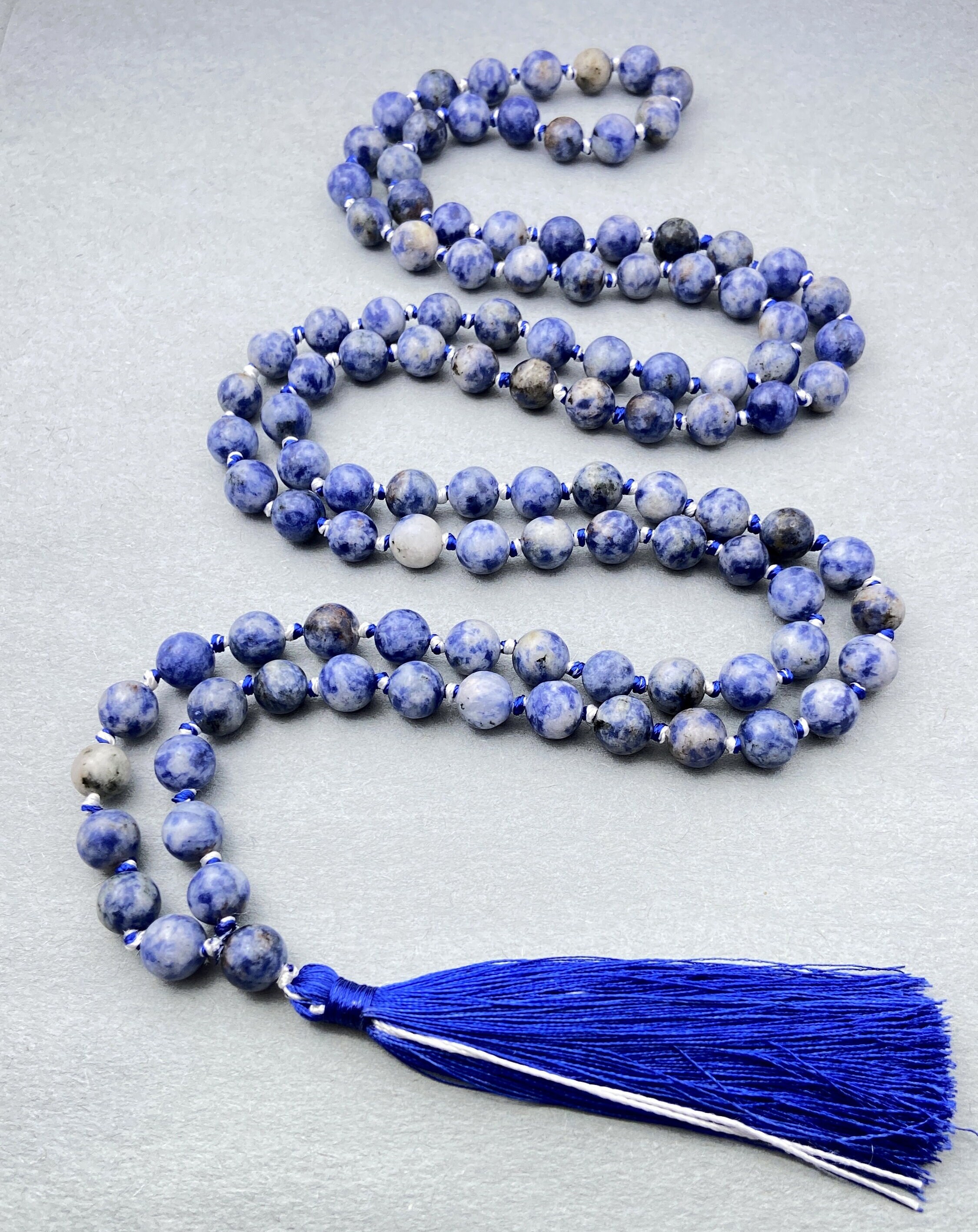 Sodalite Necklace: 108 Mala Beads, Silk Tassel, Hand Knotted
