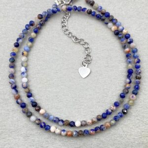 Sodalite Beaded Choker: Stainless Steel, Dainty Blue Crystal Necklace Sodalite Beaded Choker: Stainless Steel, Dainty Blue Crystal Necklace