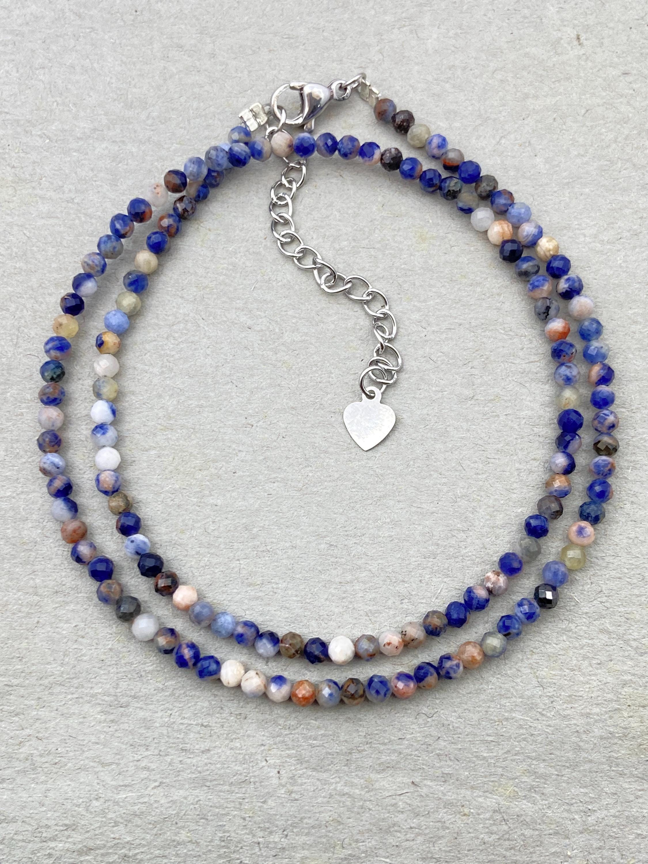 Sodalite Beaded Choker: Stainless Steel, Dainty Blue Crystal Necklace