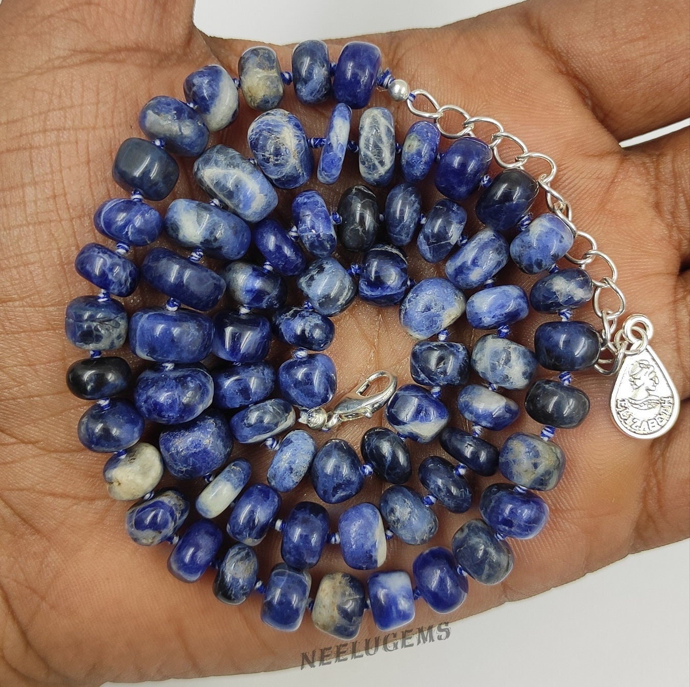 Blue Sodalite Necklace Hand Knotted Natural Gemstone Beads, Dark Blue Marbled Stone Jewelry, Healing Crystal For Men Women, Boho Zen Gift