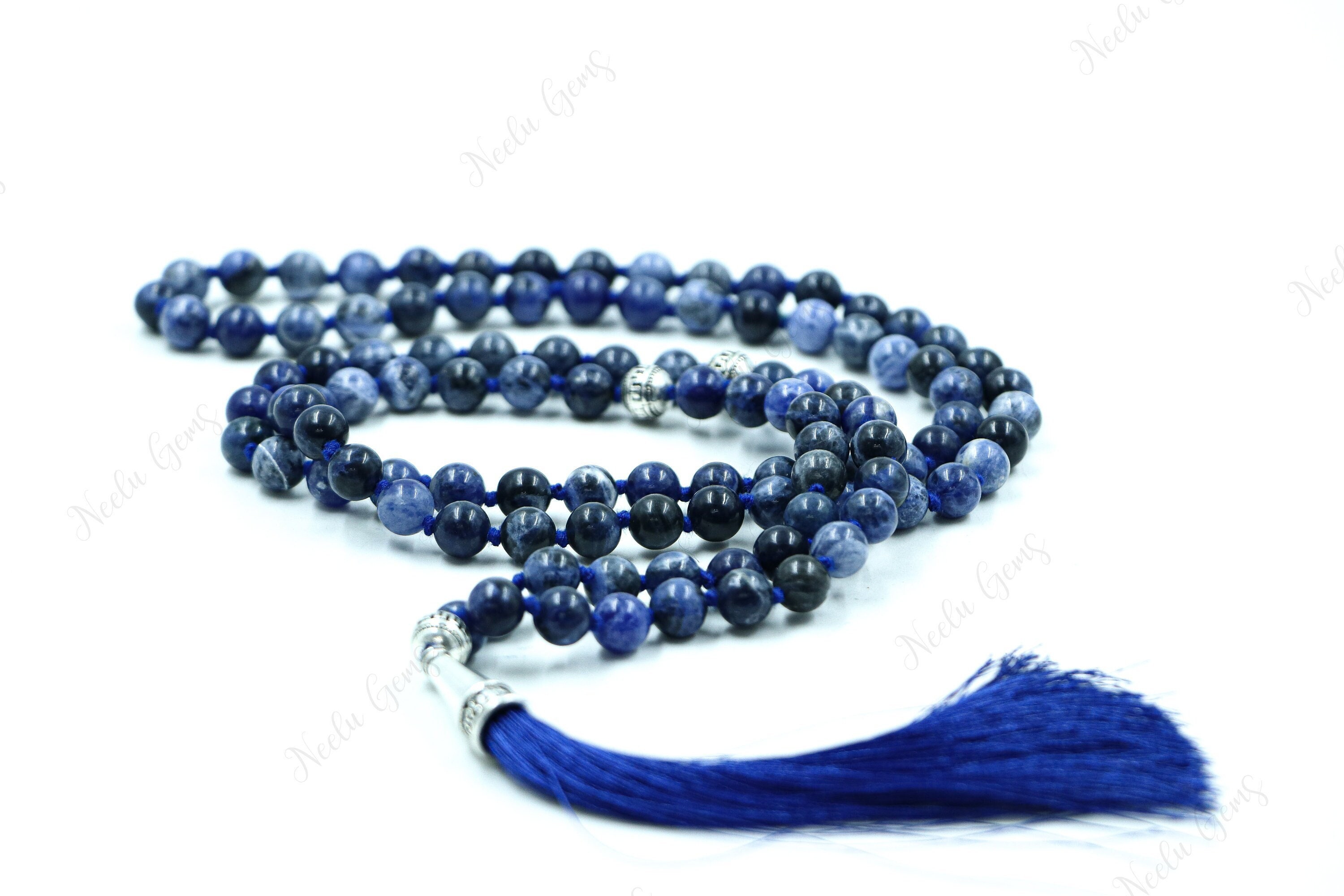 Blue Sodalite Mala Necklace 108 Beads Hand Knotted Logic & Truth Prayer Beads Mental Clarity Yoga Jewelry Communication Meditation Gift
