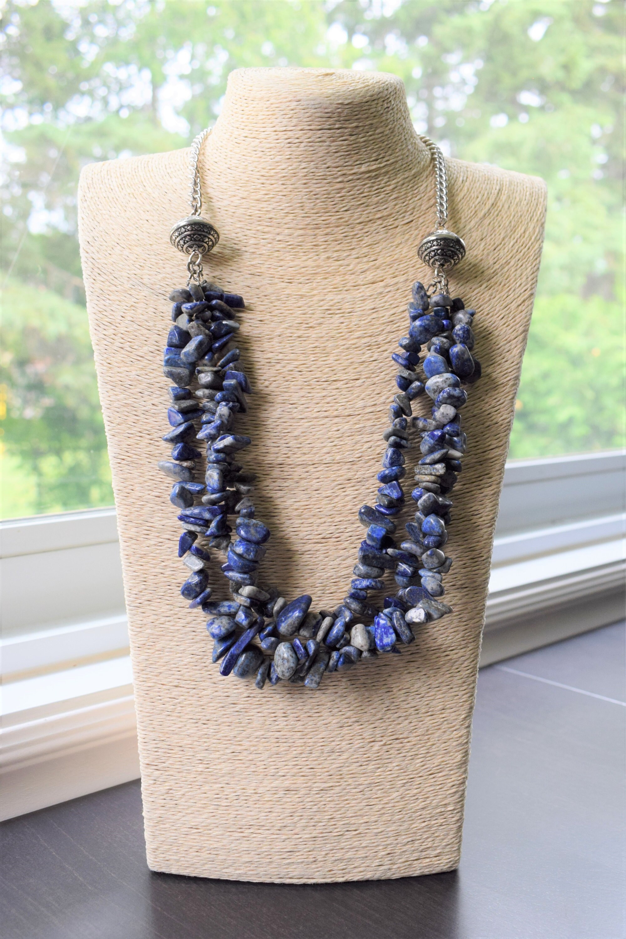 Sodalite Chip / Nugget Necklace On Heavy Silverplate Chain - Chunky Blue Gemstone Necklace - Multi Strand Statement Necklace Sodalite Chip / Nugget Necklace On Heavy Silverplate Chain - Chunky Blue Gemstone Necklace - Multi Strand Statement Necklace