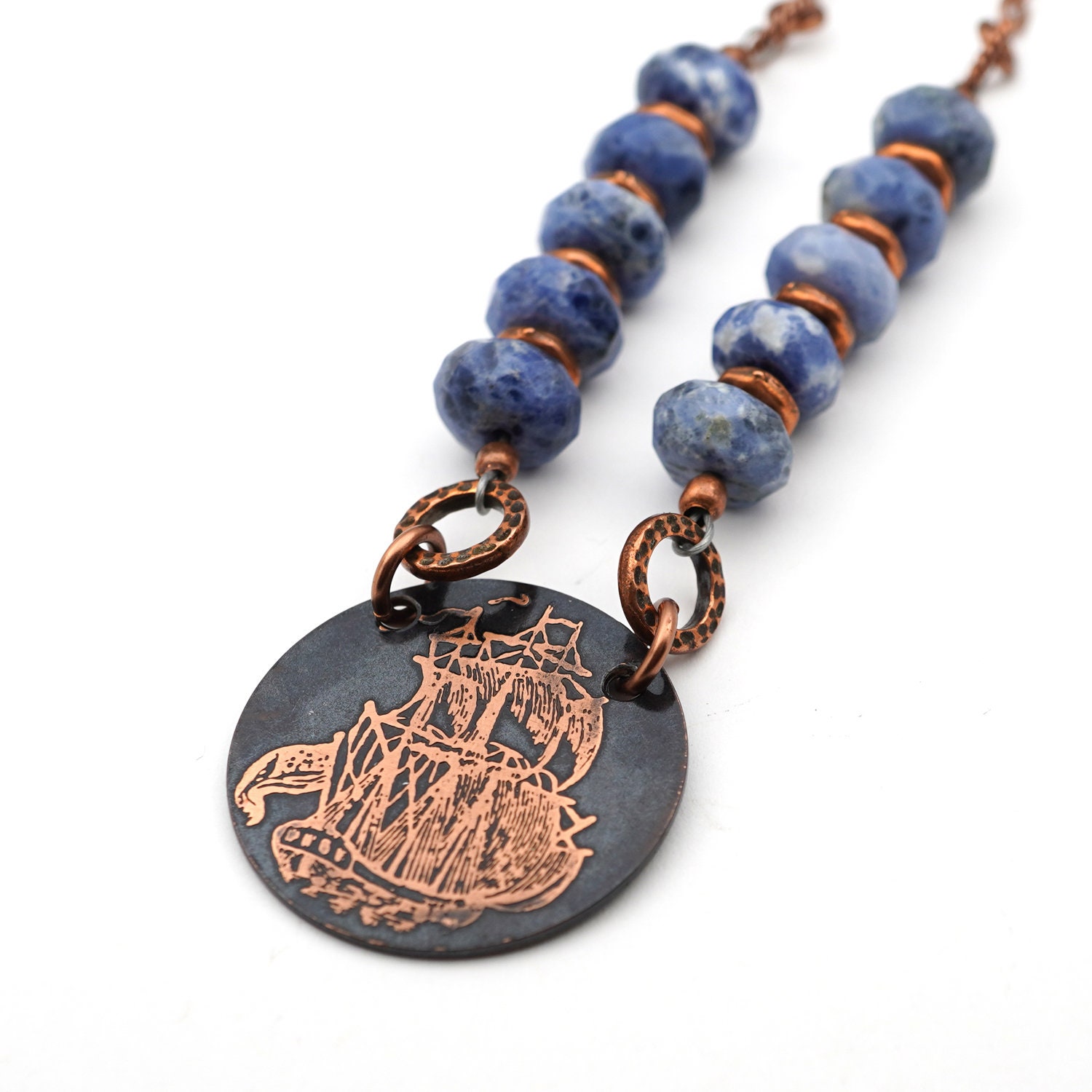 Copper Pirate Ship Necklace With Faceted Blue And White Sodalite Beads, Etched Copper, 19 1/4" Long