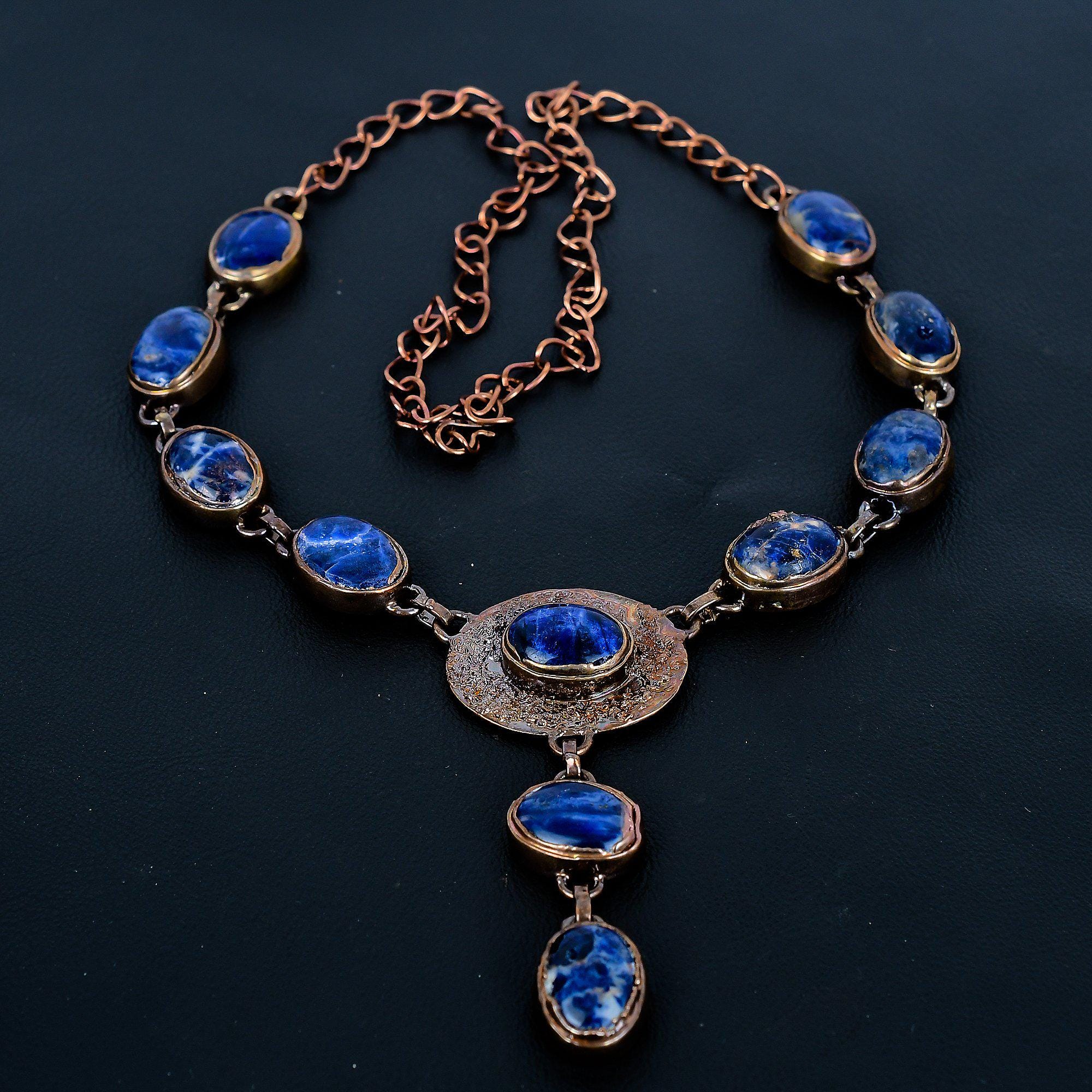 Sodalite Necklace, Electroformed Copper Necklace, Sodalite Gemstone Jewelry, Adjustable Chain Necklace, Handmade Jewelry Gift For Mom