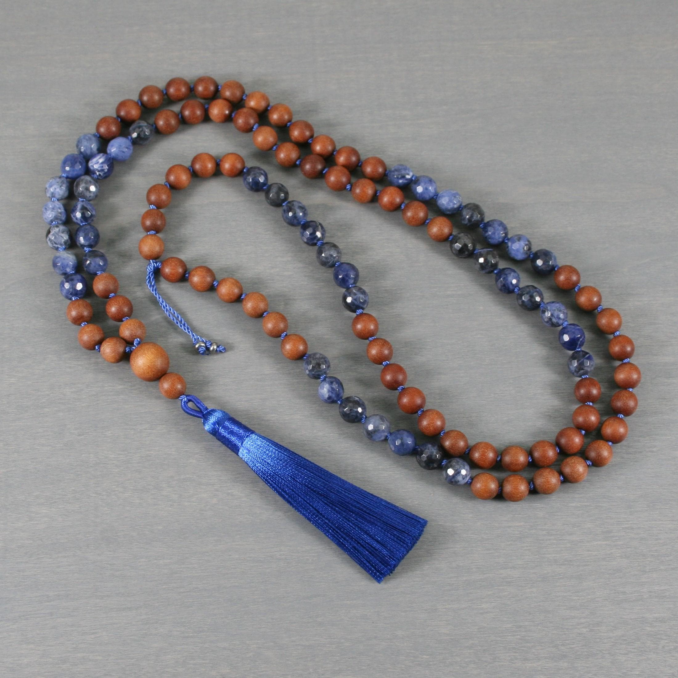 Faceted Sodalite And Sandalwood Hand-knotted Mala With A Silky Blue Tassel